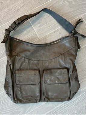 Ellington Taupe Leather Hobo with Front Flap Magnetic Pockets Zipper Closure